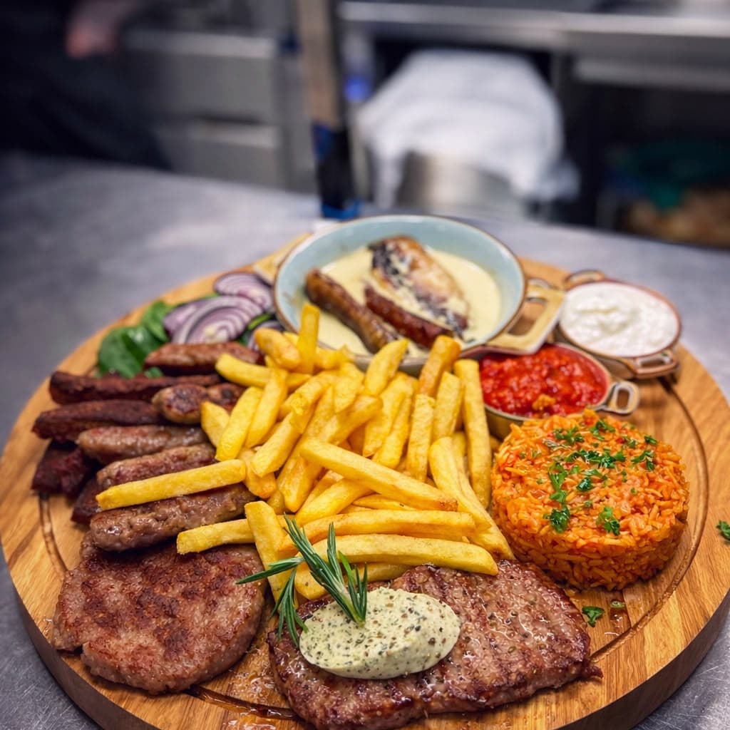 Grillplatte mit Cevapcici, Rumpsteak und Pommes