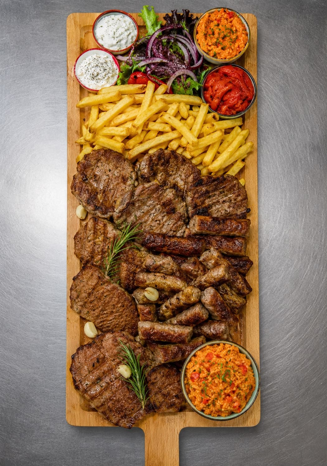 Toni's Grillplatte mit Cevapcici, Pleskavica, Pommes und Dips